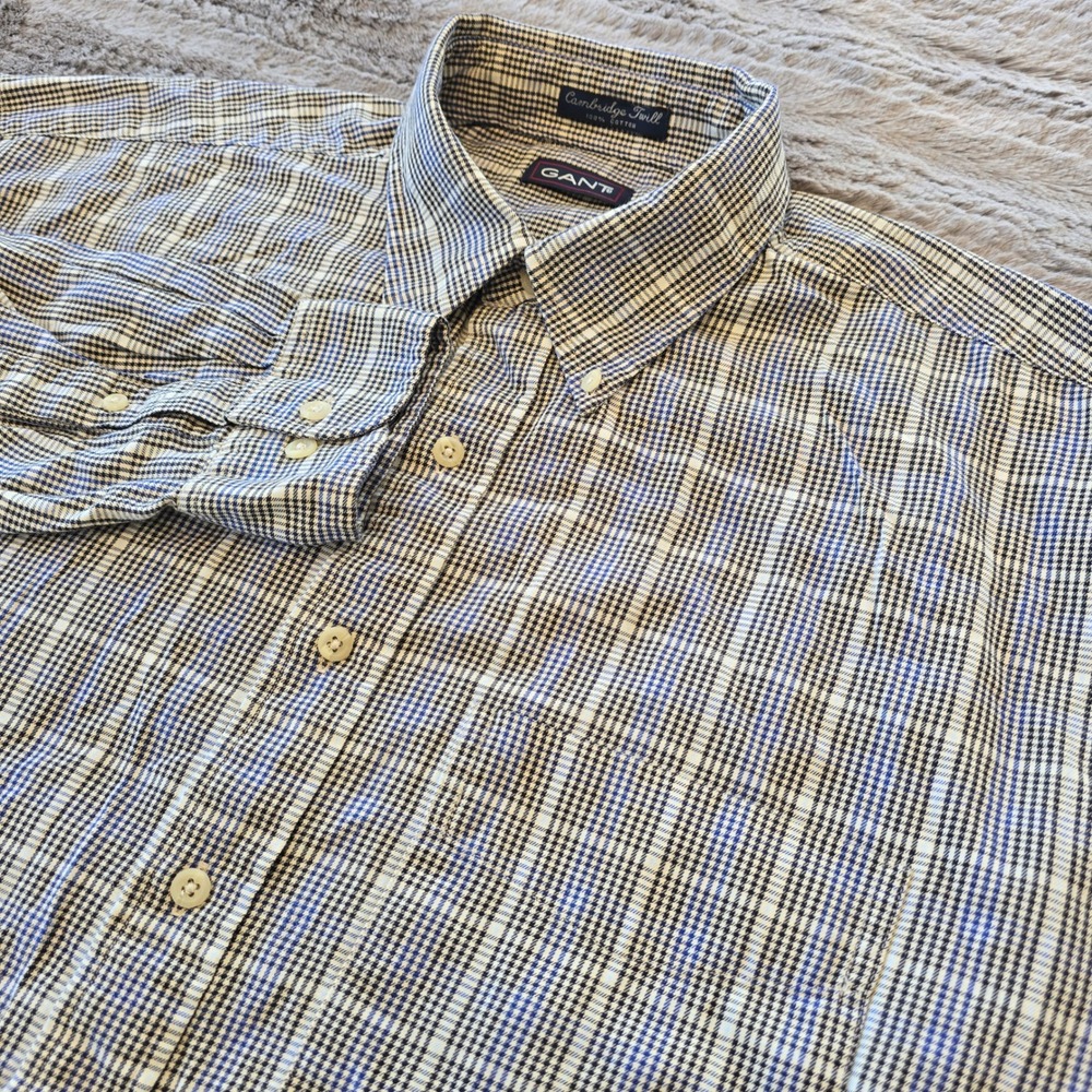 Gant Cambridge Twill Mens XL Plaid Button Down Shirt Blue Cotton Long Sleeve‎